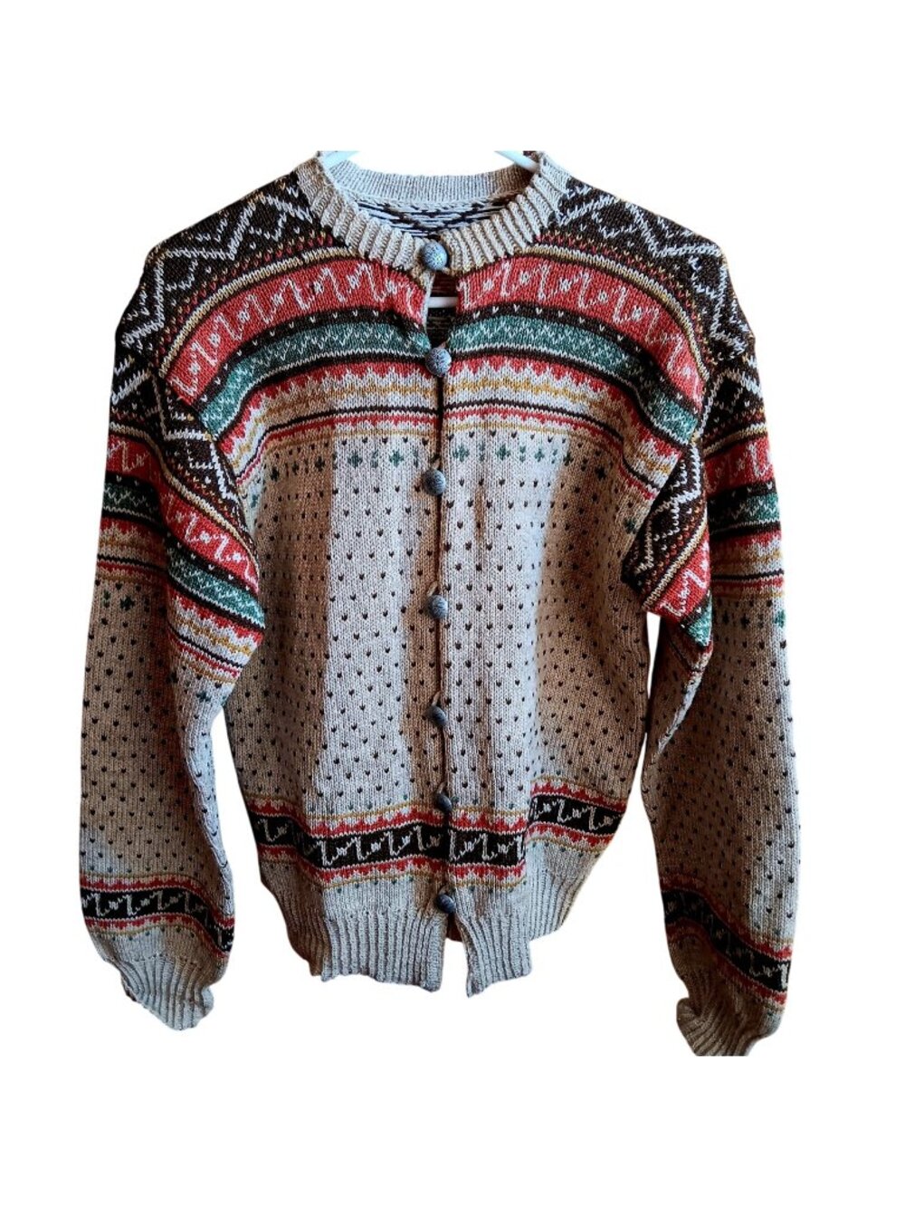 Vintage Medium Cardigan Sweater 1950's Nordic Fair Isle Wool Norwegian Knit